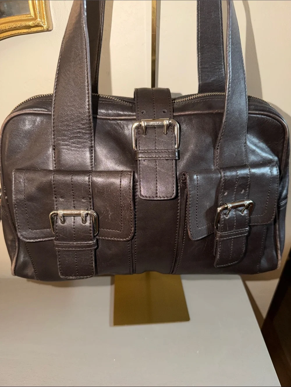 Furla Dark Brown Leather Messenger Bag with Front Buckle Pockets